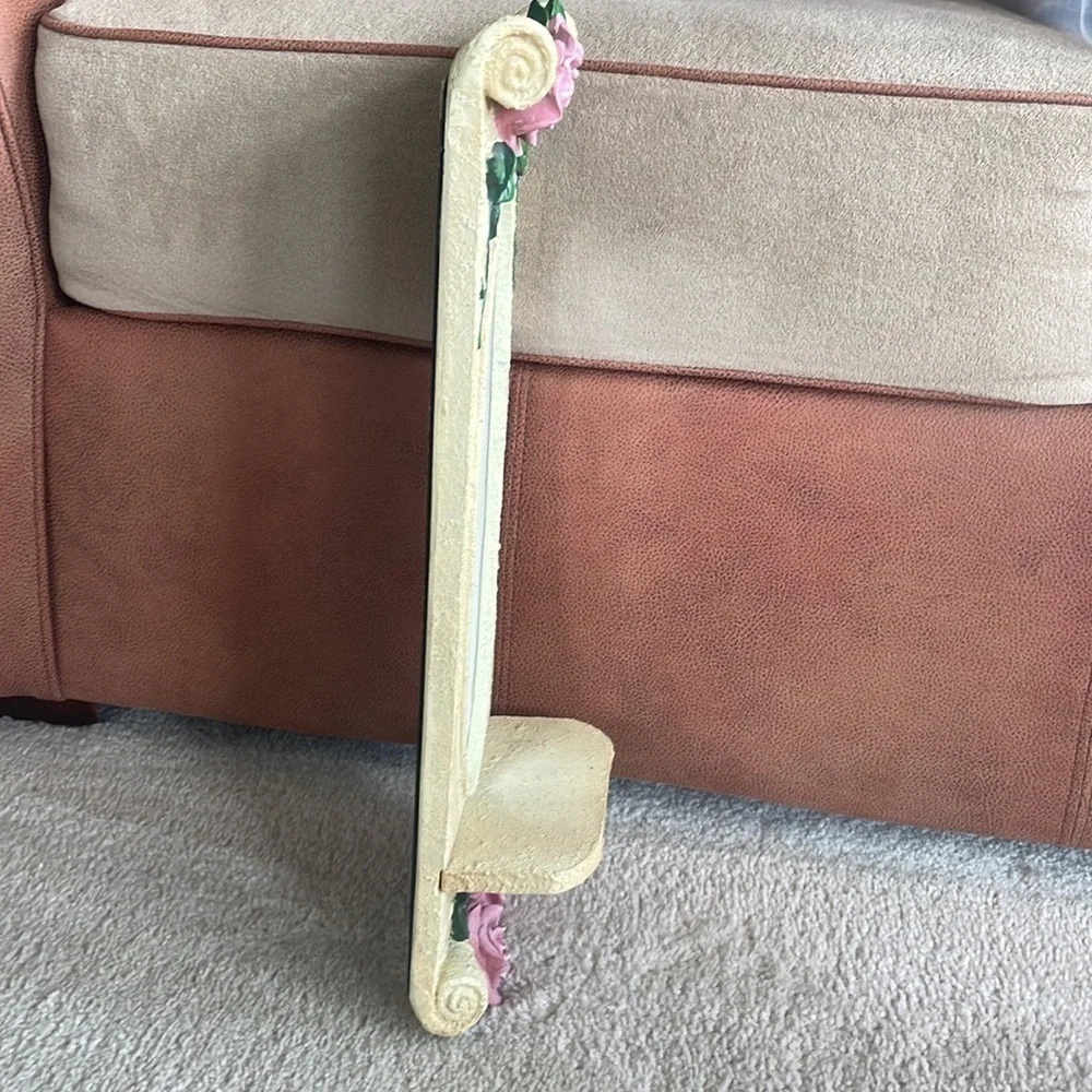 Vintage Victorian Roses Vines Cream Scroll Oval Mirror w/ Ledge Floral Antique